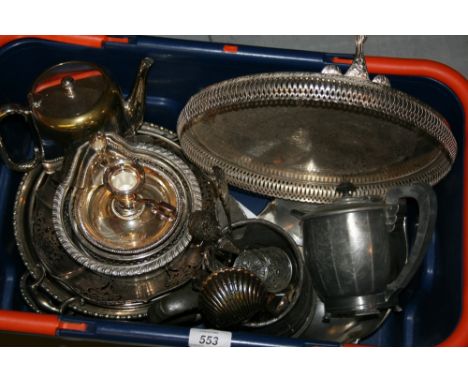 Box containing a quantity of various silver plated items including: teapot, serving dishes, chamber stick etc and a pewter ta