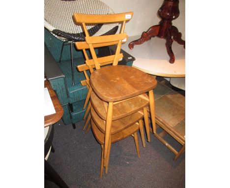 Set of four Ercol beech and elm green spot ladder back dining chairs