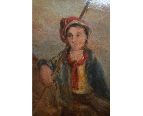 Two small 19th Century oils, portrait of a mariner seated on a coastal rock, and study of a dwelling by a river