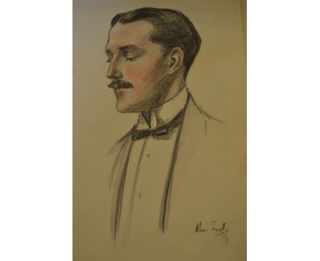 Olive Snell, signed charcoal and wash drawing, portrait of a gentleman, with attached period photograph of same subject in of