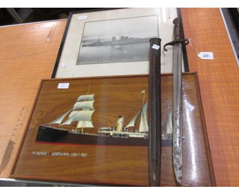 Early 20th Century bayonet with steel and leather scabbard together with a photograph, H.M.S. Leander and a painted panel of 