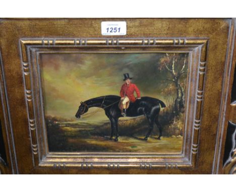 After Ben Marshall, oil on panel, portrait of a horse and rider in a landscape, ornate gilt and ebonised frame, 8ins x 10ins