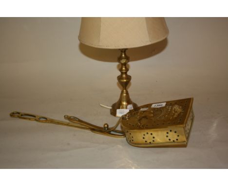 Set of three brass fire irons, chestnut roaster and a small brass lamp