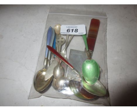 Early Victorian silver caddy spoon with agate handle (a/f), set of six silver gilt and enamel coffee spoons (a/f), five salt 