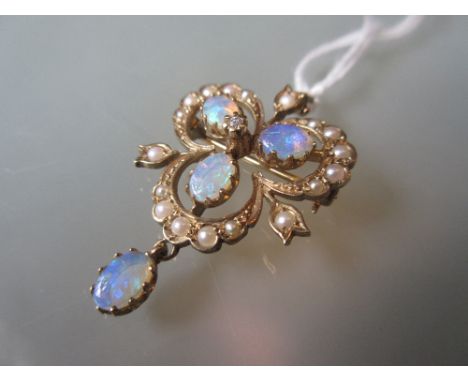 9ct Gold opal, diamond and seed pearl set trefoil pendant