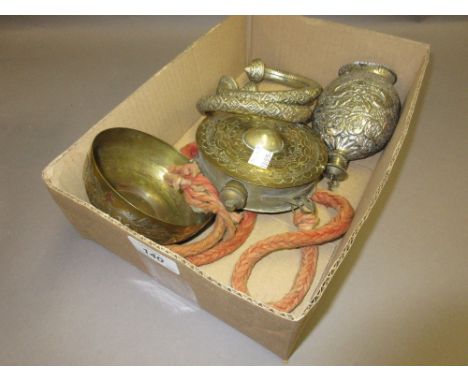 Oriental white metal flask, pair of ethnic metal rattle anklets, oriental three colour bowl and a metal flask on rope