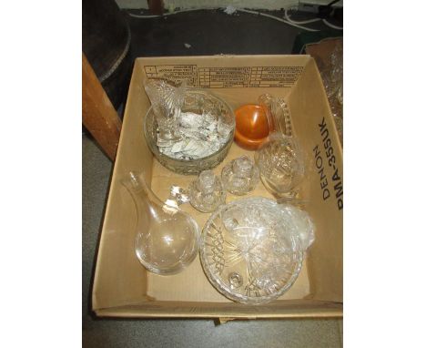 Cut glass jug decanter with stopper together with a quantity of other glass ware