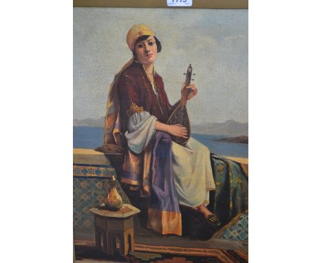 Bridman, oil on canvas, portrait of a lady musician seated on a wall, signed, 19ins x 14.5ins, gilt framed