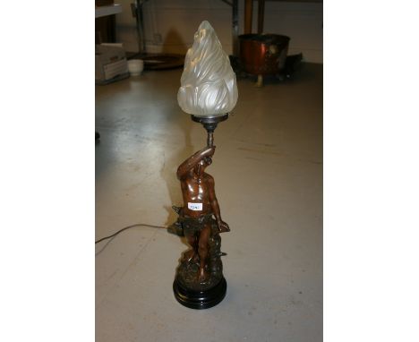 Late 19th Century dark patinated spelter figural table lamp with frosted glass torch form shade 