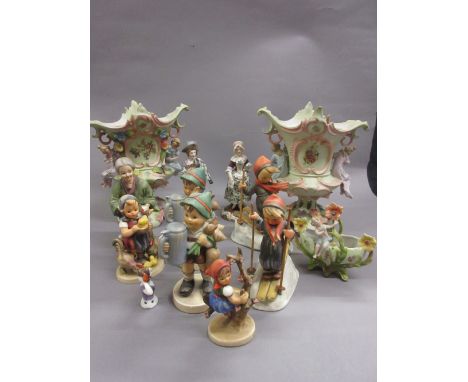 Group of six small Goebel figures of children, two continental porcelain figures (a/f) and two porcelain figural and floral e