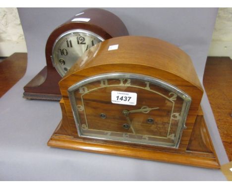 Art Deco walnut three train mantel clock together with a mahogany dome top single train mantel clock