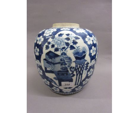 Large Chinese porcelain ginger jar painted in blue with panels of jardinières etc (minus cover)