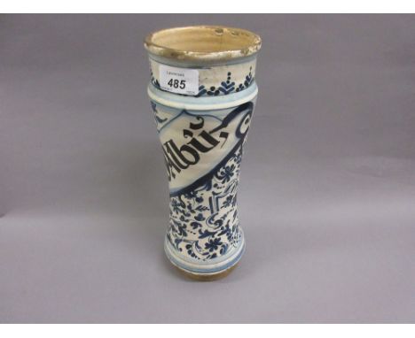 19th Century Italian Majolica Albarello, painted in blue and white and inscribed ' Santal Albu ' (various chips and rim crack