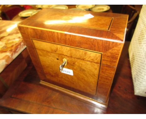 George III birds eye maple crossbanded line and shell inlaid decanter box enclosing three glass decanters