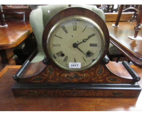 19th Century mahogany floral and abalone shell inlaid mantel clock, having circular painted dial with Roman numerals and two 