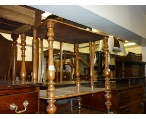 Victorian walnut two tier whatnot (cut down), an oak three division stick stand and a wash dolly