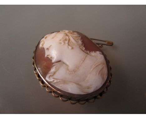 Oval gold mounted carved shell cameo portrait brooch