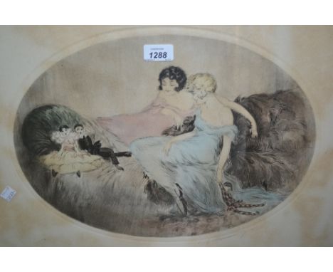 1920's Oval signed etching, two girls and puppets together with a pair of signed sepia etchings of ladies