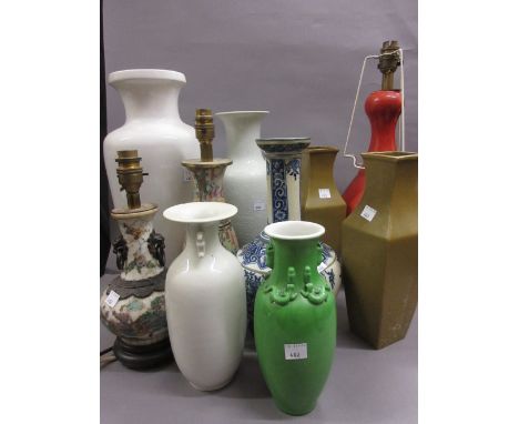 Three Chinese porcelain vases adapted for use as table lamps, pair of oriental square baluster vases, three various oriental 