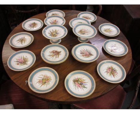 19th Century Worcester dessert service painted with various flowers with a gilt and turquoise border (some damages)
