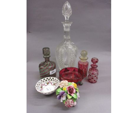 Italian blown glass decanter with stopper of spiral design, two red overlay perfume bottles, large cut glass decanter with st