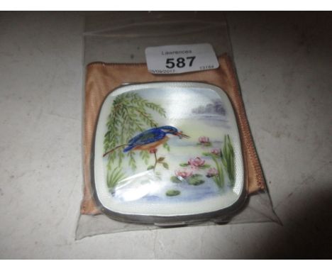 Square silver compact, the cover enamel decorated with a Kingfisher