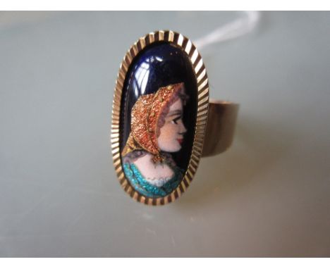 Continental gold ring inset with oval enamel portrait of a lady