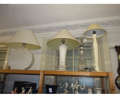 Large modern pottery table lamp base, crystal glass table lamp base and two other lamp bases with shades