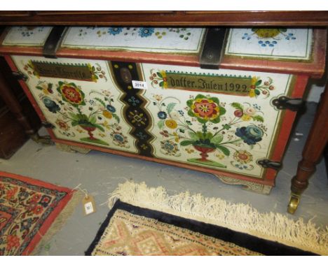 Scandinavian painted and floral decorated iron bound dome top trunk