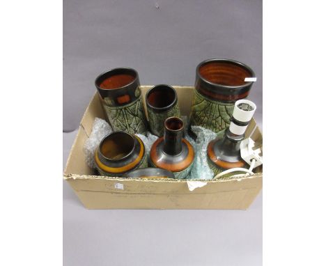 Eight pieces of Newlyn Celtic pottery including a table lamp