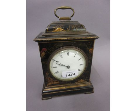 Early 20th Century black chinoiserie lacquer mantel clock with enamel dial and Arabic and Roman numerals