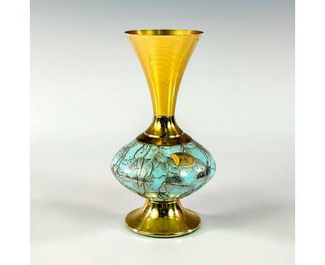 Turquoise toned with lustre finish &amp; branch patterning. Brass upper portion and base.Golden Delft sticker on exterior of 