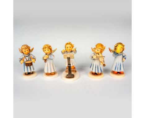 5 hand painted porcelain figures of angles in an orchestra. Includes Angelic Conductor (HUM 2096/A), Celestial Drummer (HUM 2
