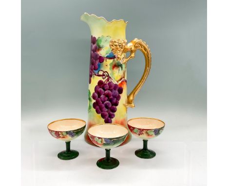 Striking tall pitcher and three pedestal cups decorated with hand painted bright purple and green grapes Pitcher with gold dr