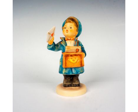 Hand painted in matte finish. Young boy dressed as a mailman delivering valentine letters. Goebel backstamp. This item has it