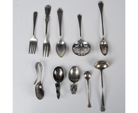 A collection of sterling silver flatware. Comprising a three child spoons, two forks, a small ladle, two slotted serving spoo
