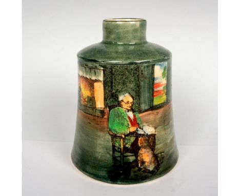 A charming Dickens Ware caddy featuring a man seated on a rocking chair, reading a story to the puppy. Royal Doulton backstam