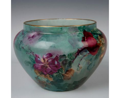 Spacious bulbous planter adorned with stunning hand-painted flowers in rich blues, greens, reds, and purples. Evokes a captiv