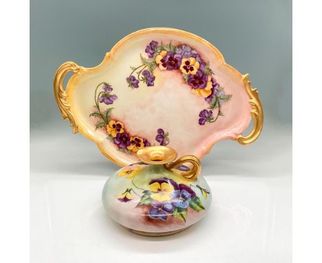Elegant vintage serving tray and pitcher with hand-painted purple and yellow pansy flowers, green leaves; gold rim and handle