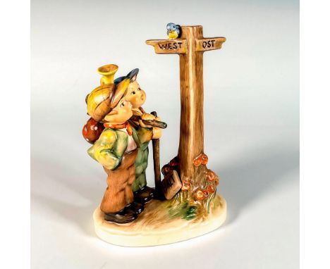 Hand painted in matte finish. Two boys pause at crossroads deciding the right way to go. Goebel backstamp. This item has its 