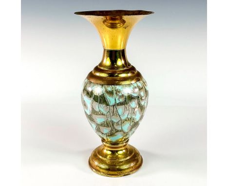 Turquoise toned with lustre finish &amp; branch patterning. Brass upper portion and base.Faded Delft Holland on bottom. This 
