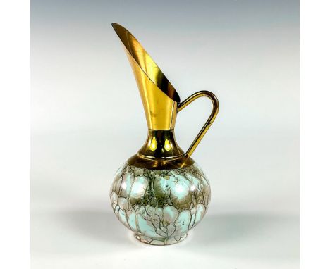 Turquoise toned with lustre finish &amp; branch patterning. With handle. Brass accented spout &amp; handle.Hand Painted Delft
