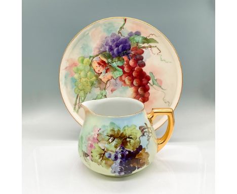 Elegant vintage tray and pitcher decorated with hand-painted purple, green and red grapes, green leaves; gold rim and handles