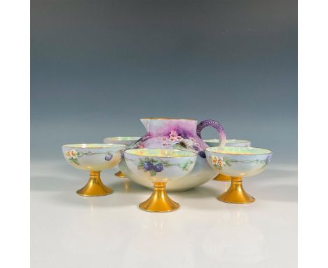 Enchanting hand painted cup set with pitcher decorated with wild berries and flowers on branches, gold tone trim on a sky blu