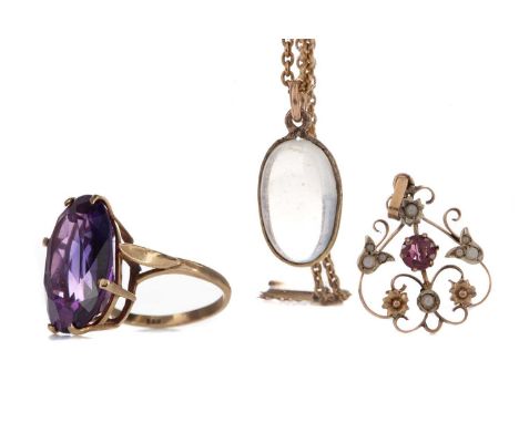 PURPLE GEM SET HOLBEIN,set with a central faceted gem flanked by faux seed pearls, marked 9CT, along with along with a moonst