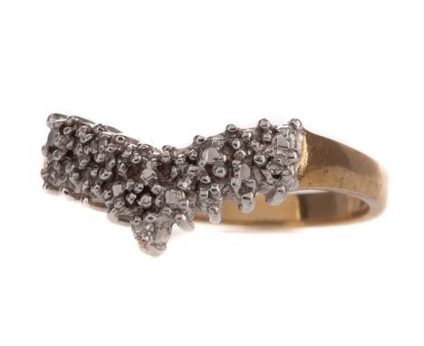 DIAMOND CHIP WISHBONE RING,the round brilliant cut diamonds totalling approximately 0.05 carats, in nine carat gold, size K, 
