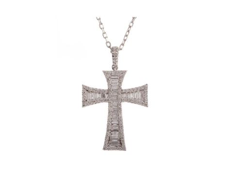 DIAMOND CROSS PENDANT,set with baguette cut diamonds bordered by round brilliant cut diamonds totalling approximately 1.01 ca