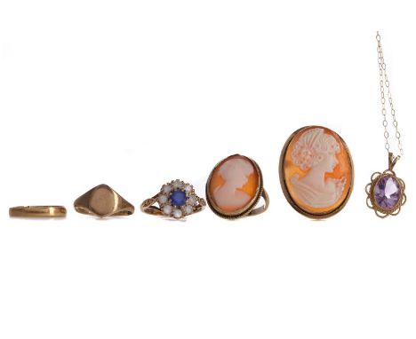 COLLECTION OF GOLD ITEMS,including a cameo pendant and ring, purple gem set pendant, each indistinctly marked, along with a n