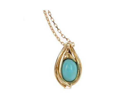 TURQUOISE PENDANT ON CHAIN,the cabochon oval stone set in fourteen carat gold, on a nine carat gold chain, 6.6gCondition repo