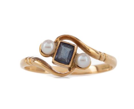 SAPPHIRE AND PEARL RING,set with a step cut sapphire between two pearls, marked 18CT, size M 1/2, 2.3gCondition report: Gener